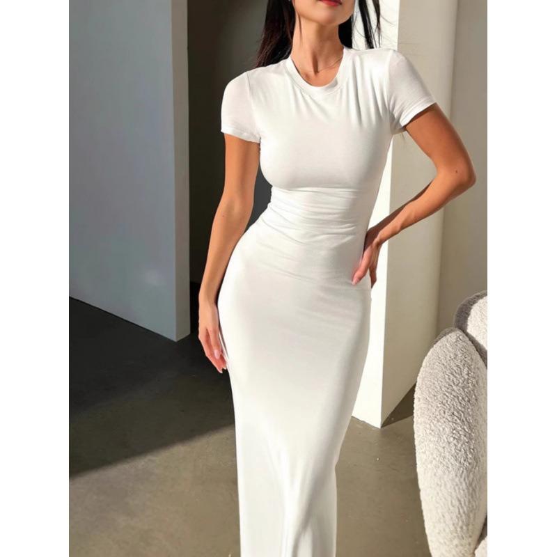 Fashion Short Sleeved Hip Summer Dress Spring/summer Solid Color Slim Fit Bodycon Casual Party Dresses O Neck Elegant Simple Clothing