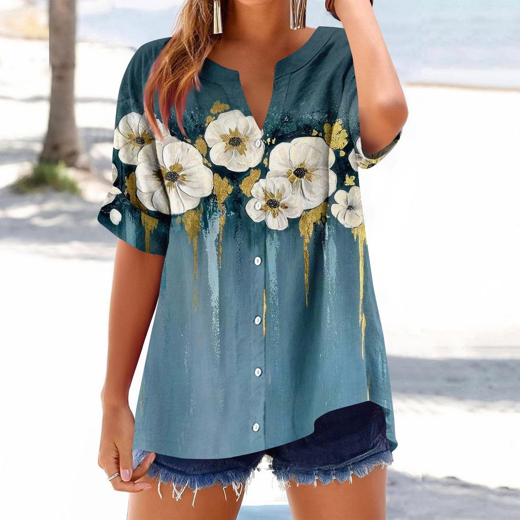 Women's Loose Printed Stand Collar Short-sleeved Cotton and Linen Top