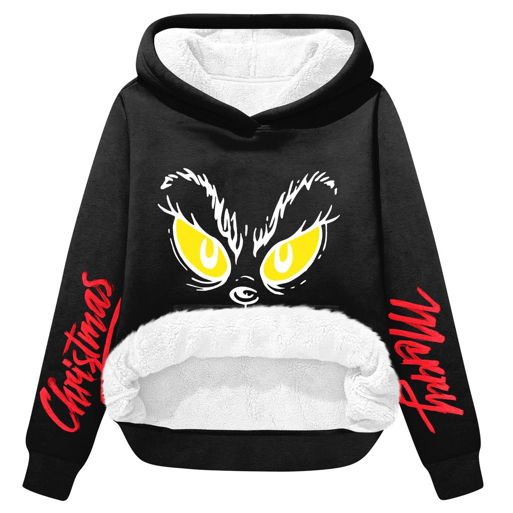 Women's Casual Fashion Plus Velvet Thickened Christmas Print Hooded Sweatshirt