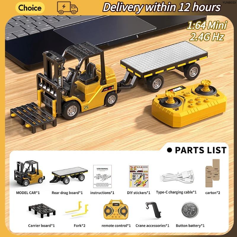 1:64 Mini Remote Control Alloy Excavator Truck Forklift with Trailer Worktop Bluetooth 2.4GHz RC Car Child's Toy Holiday Gifts