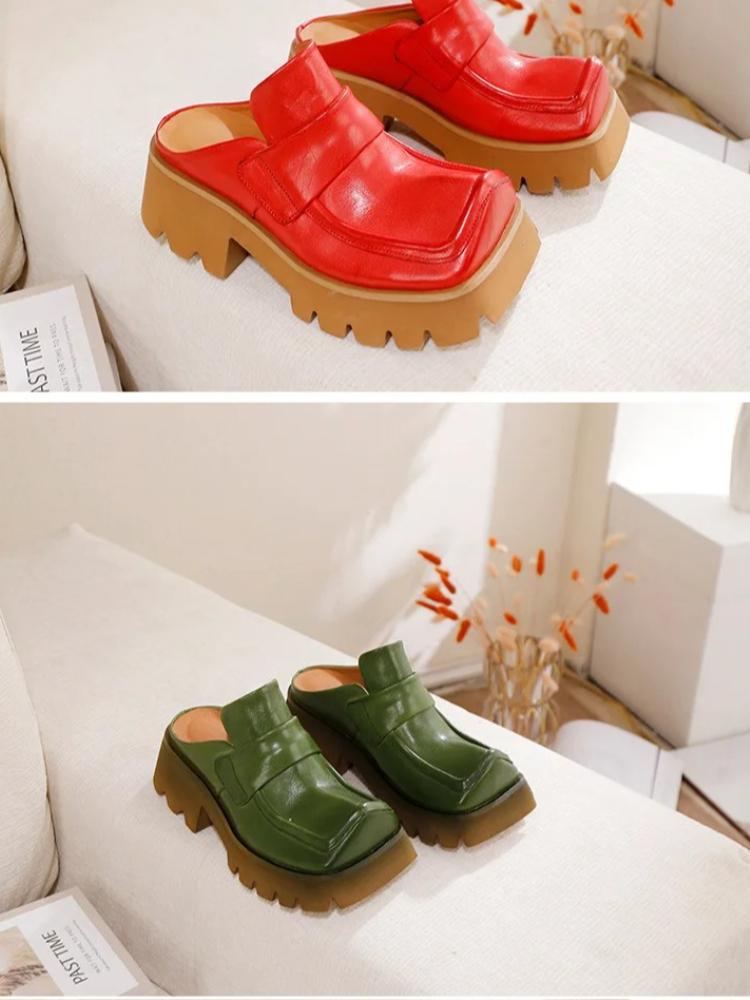 Johnature Retro Genuine Leather Square Toe Thick Soled Outdoor Slippers Thick Heel Women's Slip-on Shoes