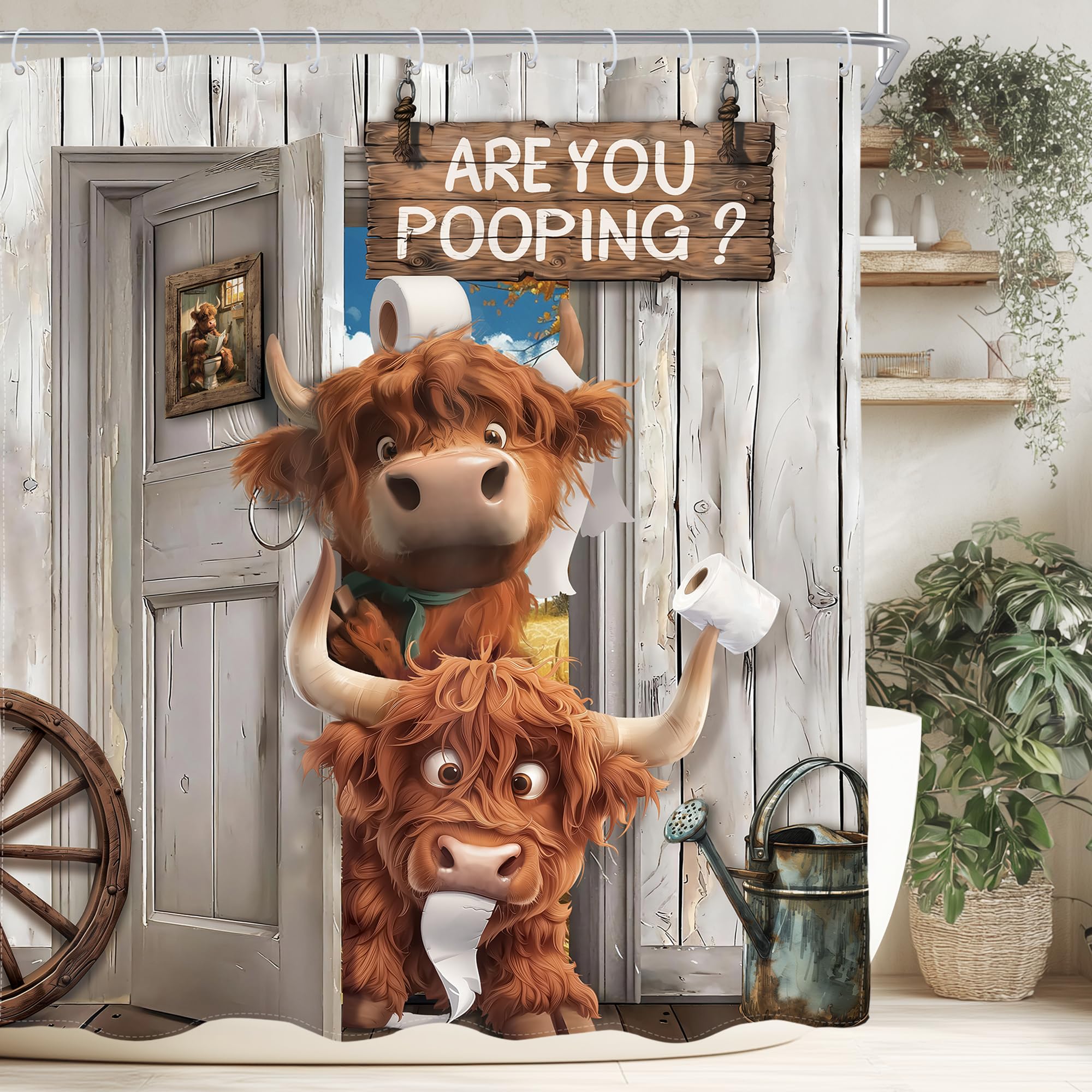 

Funny Highland Cow Shower Curtain, Vintage Farmhouse Retro Green Plank Door Rustic Animal Artwork, Waterproof Washable Decor W60H190(CM)-1 Pcs