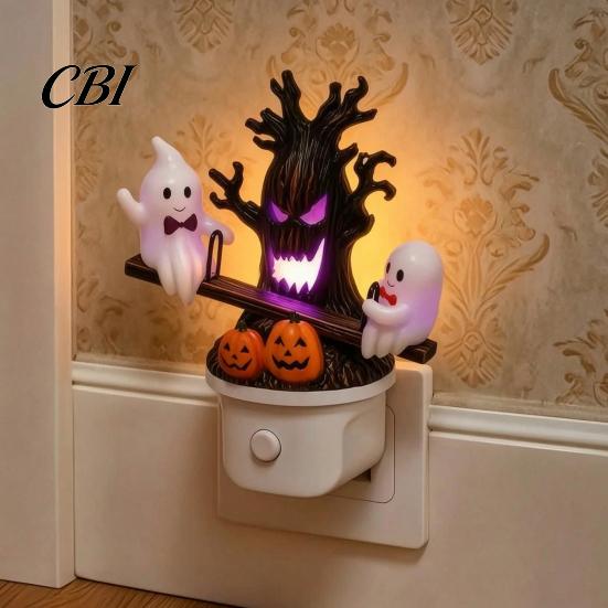 Unique Halloween Gift for Kids Resin Night Light, Ghost Pumpkin Tree Figurine, Plug-in LED Light Wall Lamp, Spooky Decorative Lighting Bedroom