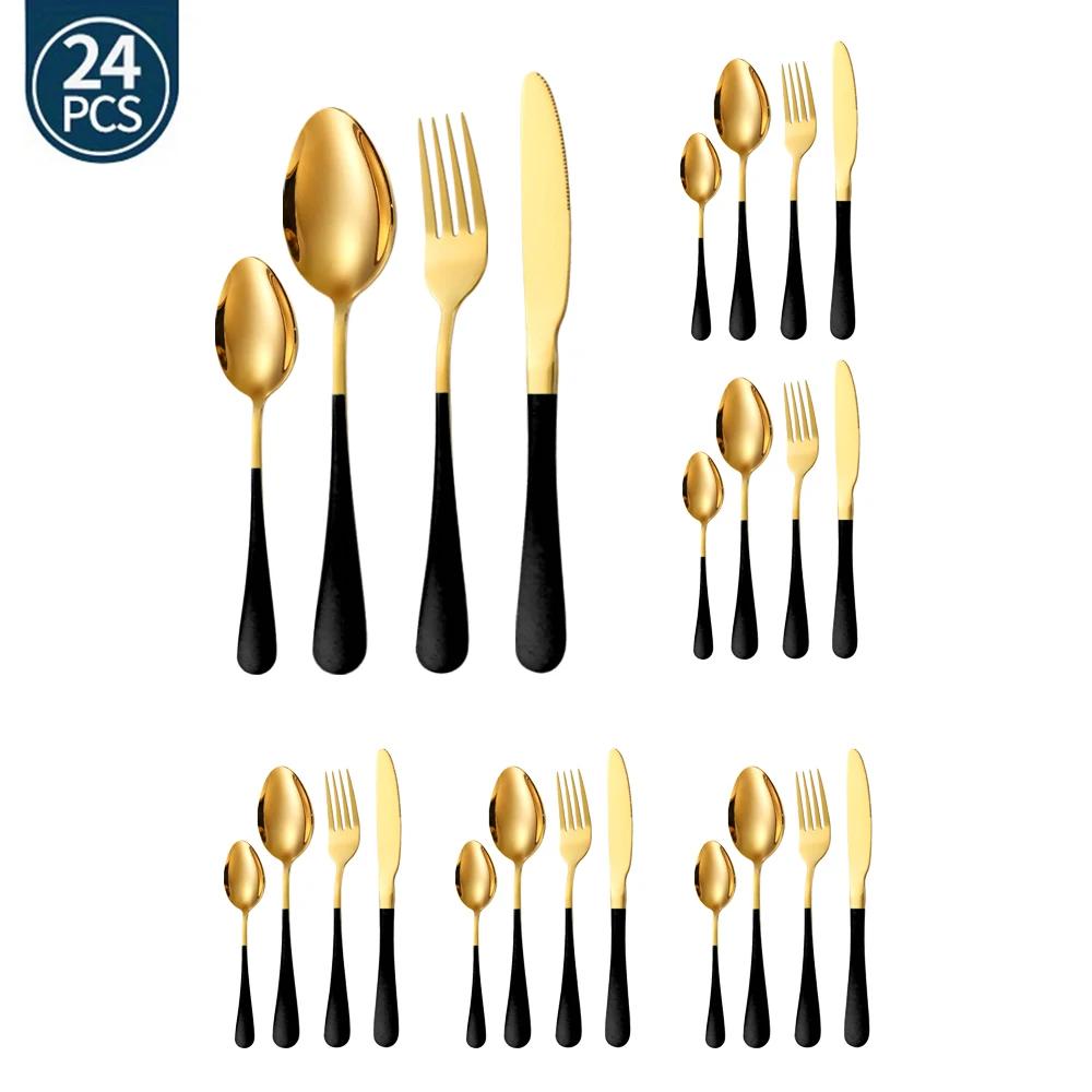 24Pcs Black Gold Western Dinnerware Set Stainless Steel Cutlery Set Fork Knife Spoon Tableware Set Flatware Set Silverware Set