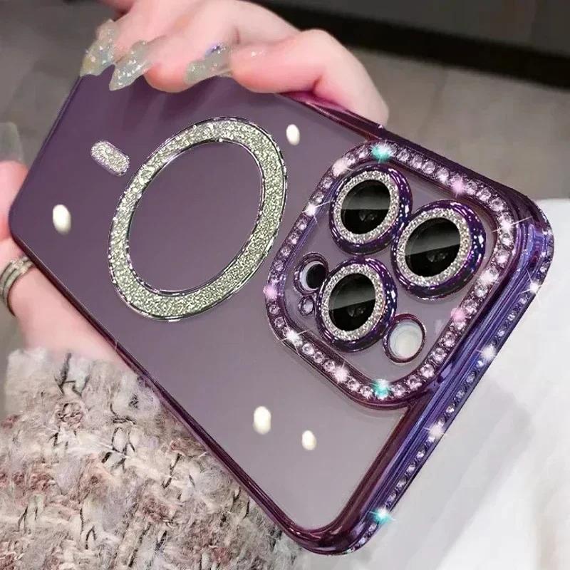 Bling Crystal Lens Film Phone Case For iPhone 16 15 11 12 13 14 Pro Max Plus For Magsafe Magnetic Wireless Charging Clear Cover