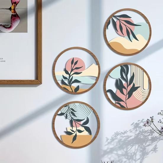 4 Pcs Boho Wall Art Round Bohemian Sunset Wooden Minimalist Poster for Farmhouse Abstract Plant Hollow Out Wall Hanging Decor for Living Room Bedroom