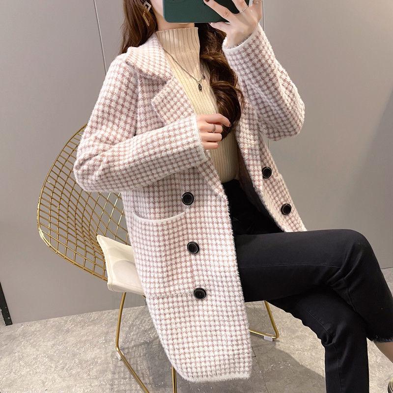 Korean Style Plaid Mid-Length Knit Jacket - Loose Fit, Long Sleeve, Autumn/Winter Women's Fashion.