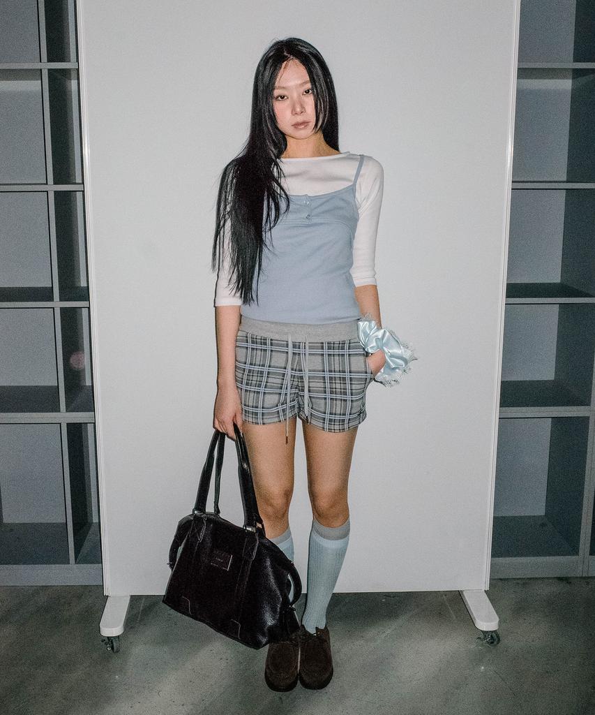 CHICKS Tartan Check Elastic Waist Sweat Shorts Melange