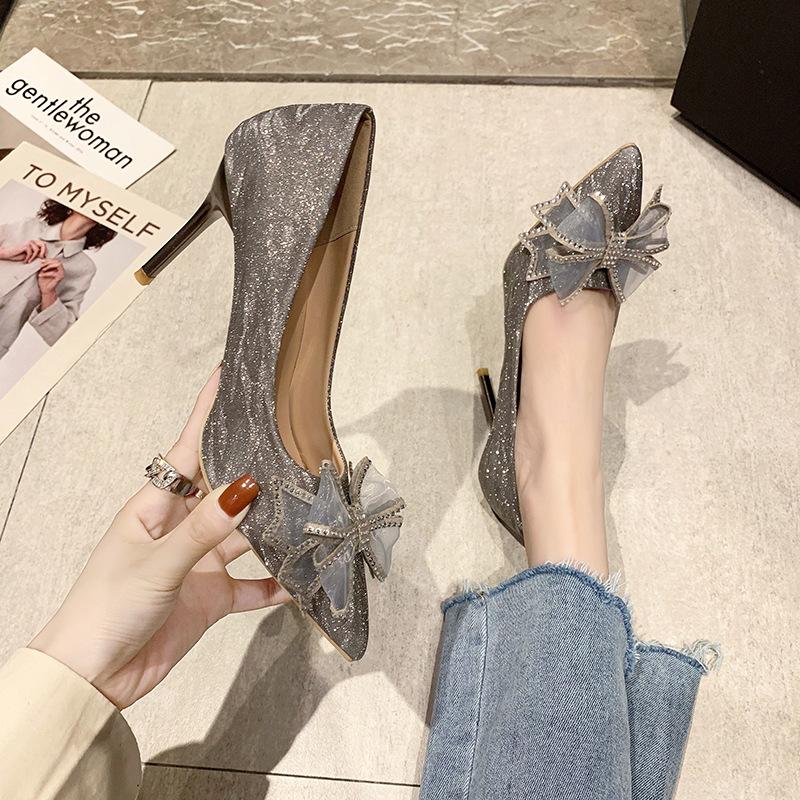 

Туфли подружки невесты большого размера, полные ноги, широкие, серебристые, с французскими кристаллами, свадебные туфли, вечернее платье в стиле Хепберн, женские туфли, высокие каблуки 42