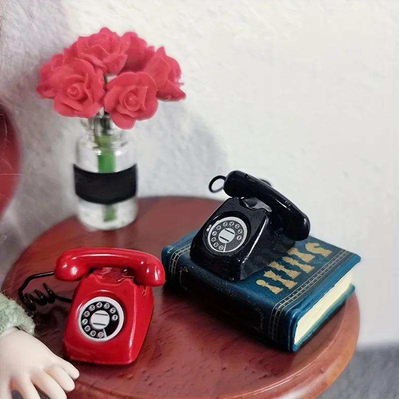 Simulation Retro Mini Fixed Telephone 1:12 House Miniature Mini Phone Model Home Furniture Decor Ornament Statue Decoration
