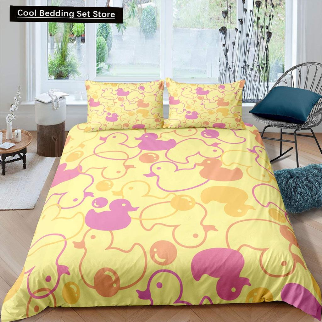 Cartoon Yellow Duck King Queen Duvet Cover Farm Lovely Animal Bedding Set Blue Bubble Quilt Cover Soft Polyester Comforter Cover