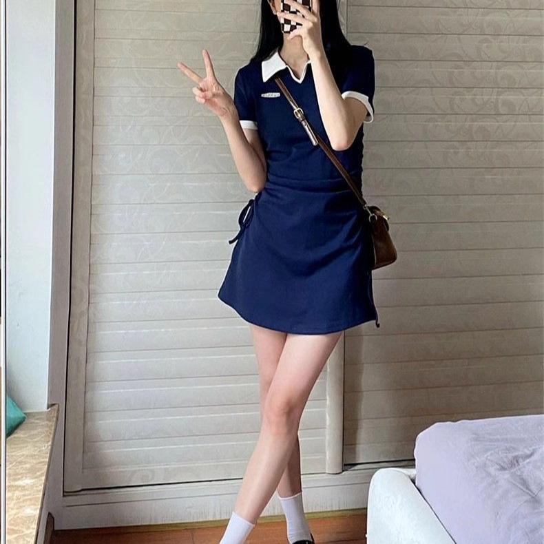 Amerikanisches Retro Colorblock Preppy Polo-Kragen Slim Fit Sommerkleid