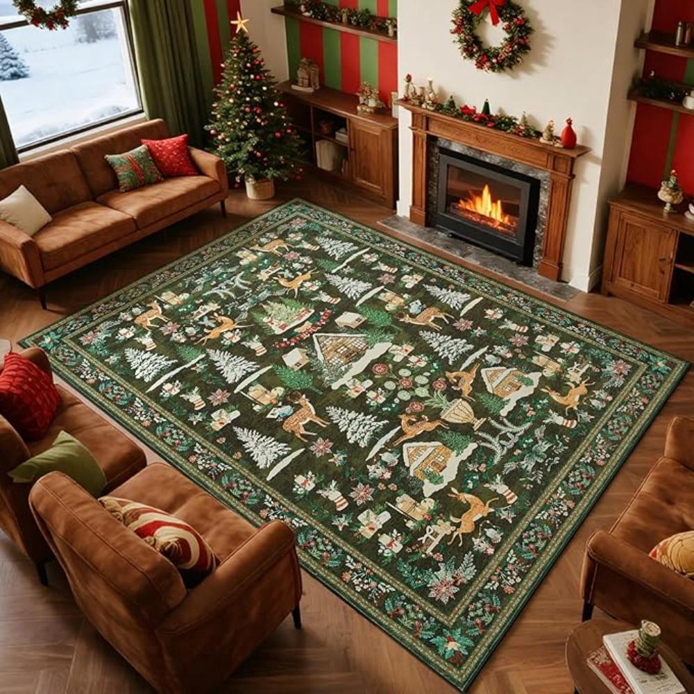 Christmas Carpet Mat Rug - Red Reindeer Tree Snowflake Pattern, Festive Living Room Soft Non-slip Floor Mat for Home Decoration