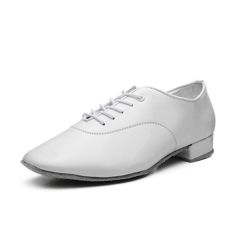 Men's Black & White Shiny Leather Low Heel Modern Dance Shoes with Soft or Fur Sole