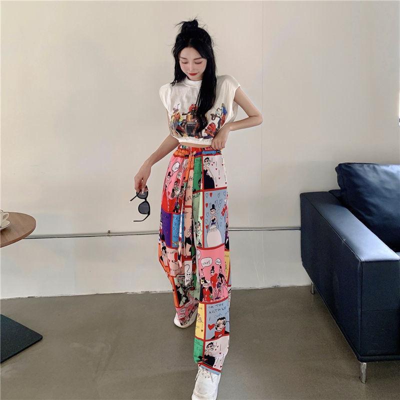 Korean Fashion Summer Pants Women's Elastic High Waist Pockets Printing Tie Dye Bohemian Casual Loose Straight Wide Leg Trousers
