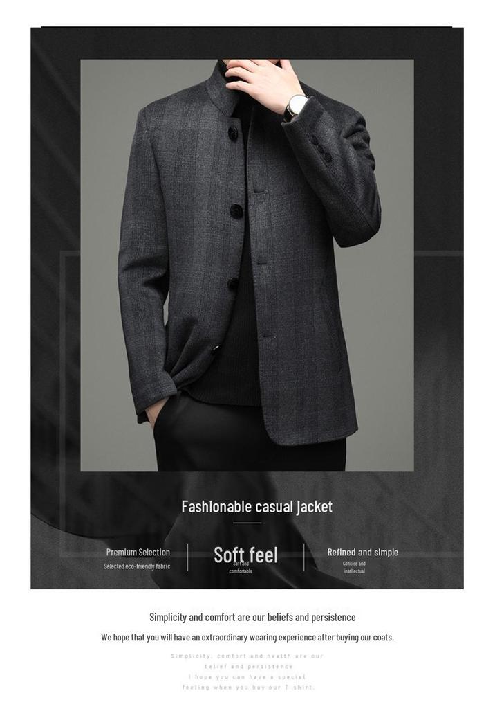 Hengyuanxiang Men's Wool Stand-Up Collar Zhongshan Jacket - Casual Woolen Coat for Seniors