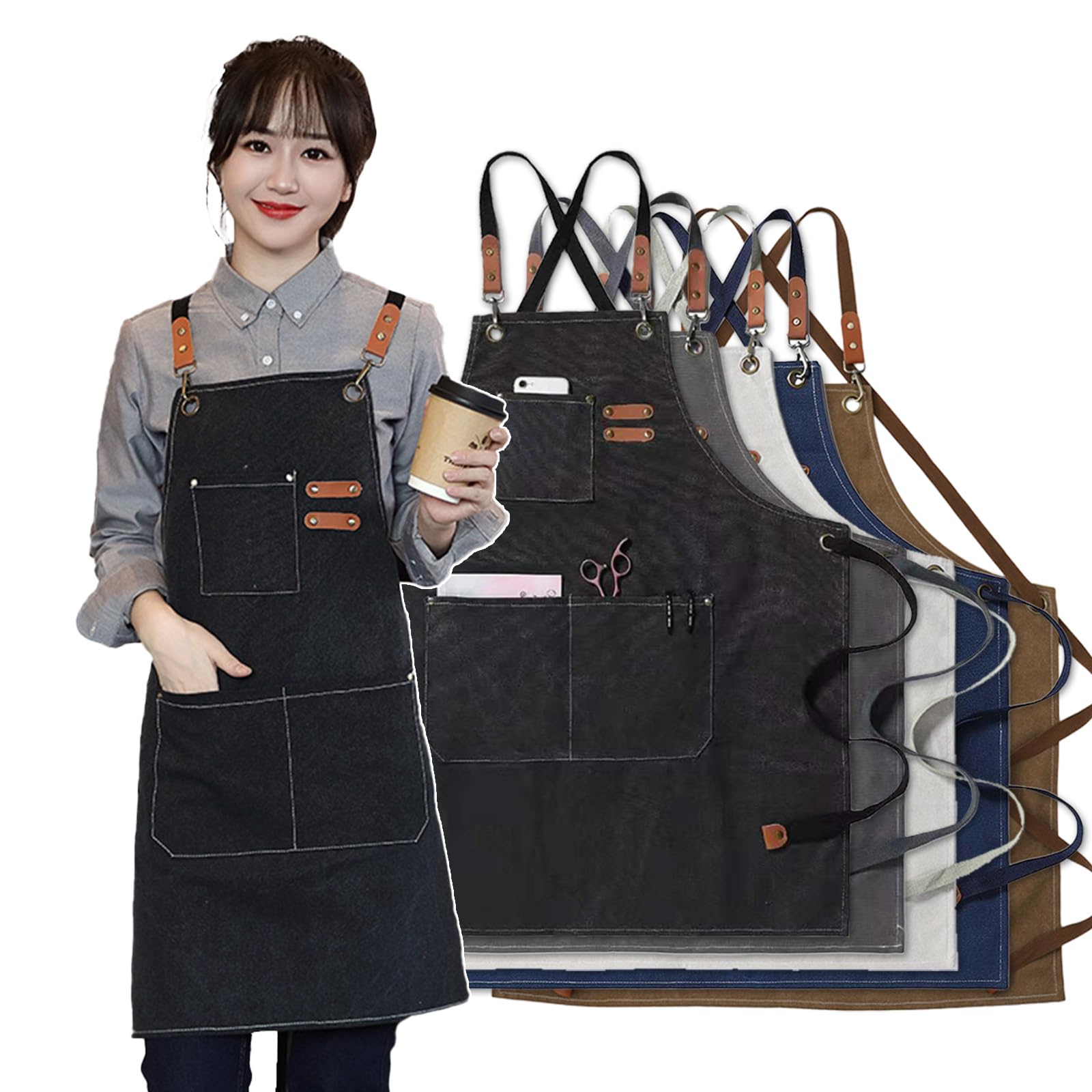 

Deoway Large Work Apron with Tool Pockets for Outdoor and Thick One Size Fits Most Camping, BBQs, Cafes, Cotton, (Black) чёрный