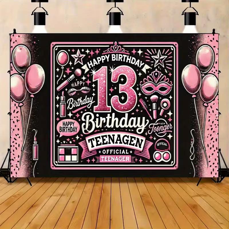 2D Glitter Pink Cosmetic Theme 13 Teenager Birthday Photography Backdrop Banner