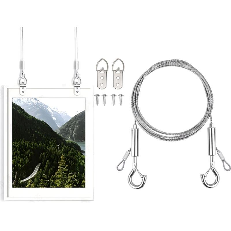 Picture Hanging Rope Set with Adjustable Barrels, 4 Metal Art Display Lines, Wall Mount Plates and Screws for Indoor Gallery Display