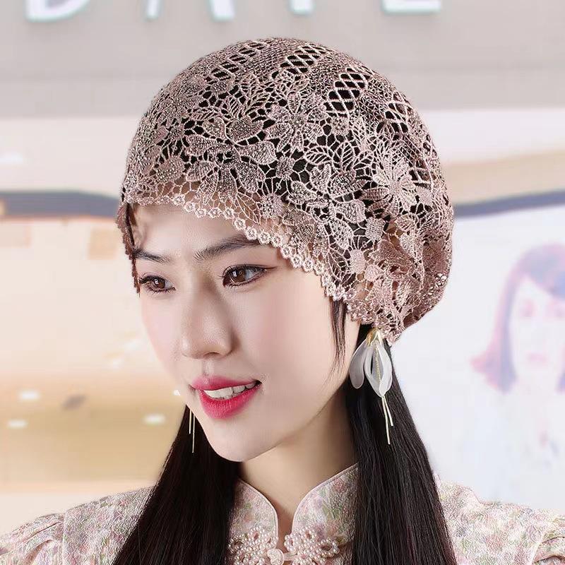 

Женская весенне-летняя шляпа с цветами, ажурная, дышащая, облегающая голову, модная тонкая шапка-платок в корейском стиле, элегантная, с кружевной отделкой, шапка-бини хаки