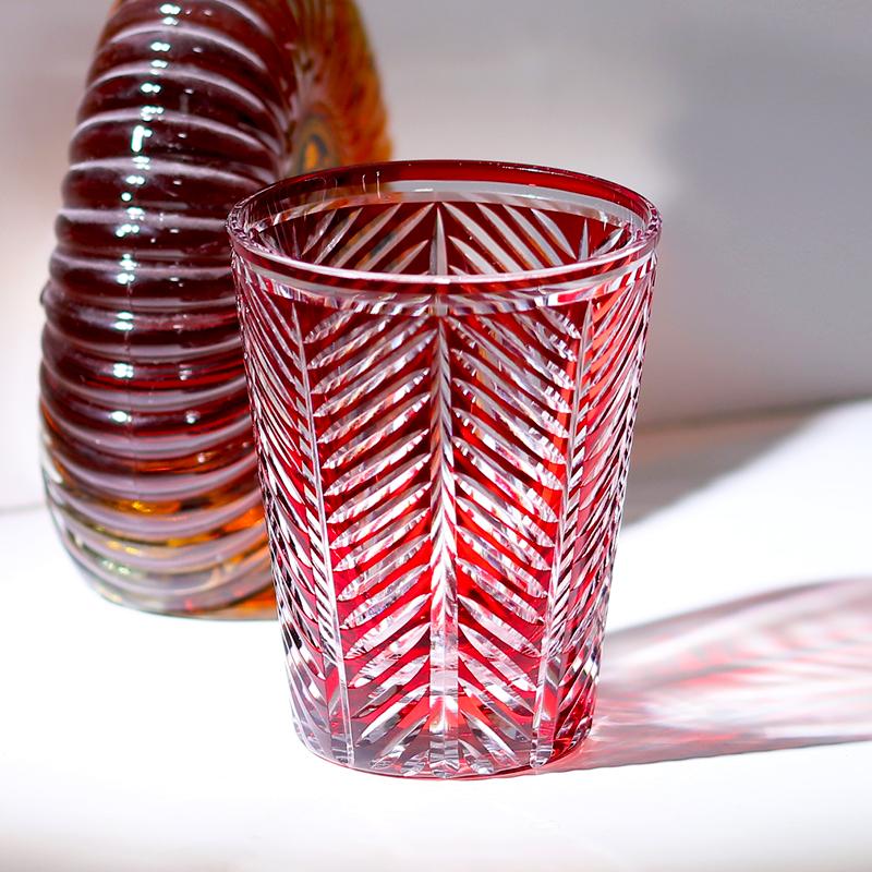 Red Handmade Highball Glass - Modern Cut Crystal Cocktail Tumbler - Art Glass for Whiskey, Iced Tea, Juice - 300ml 201-300ml