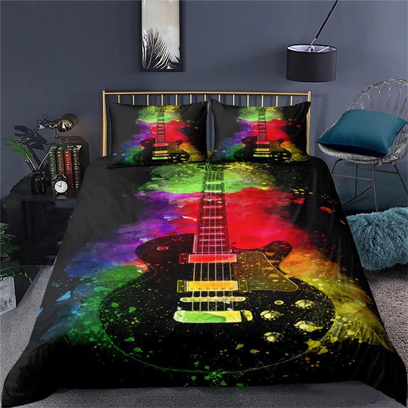 Vintage Guitar Duvet Cover Set Music Theme 2/3Pcs Bedding Set For Kids Teens Adult Microfiber Print Comforter Cover Pillowcase