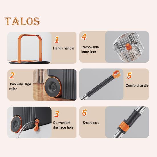 Spin Mop Set with 6 Reusable Mop Heads Microfiber Mop Heads 360 Degree Rotation Stainless Steel Handle Floor Cleaning System
