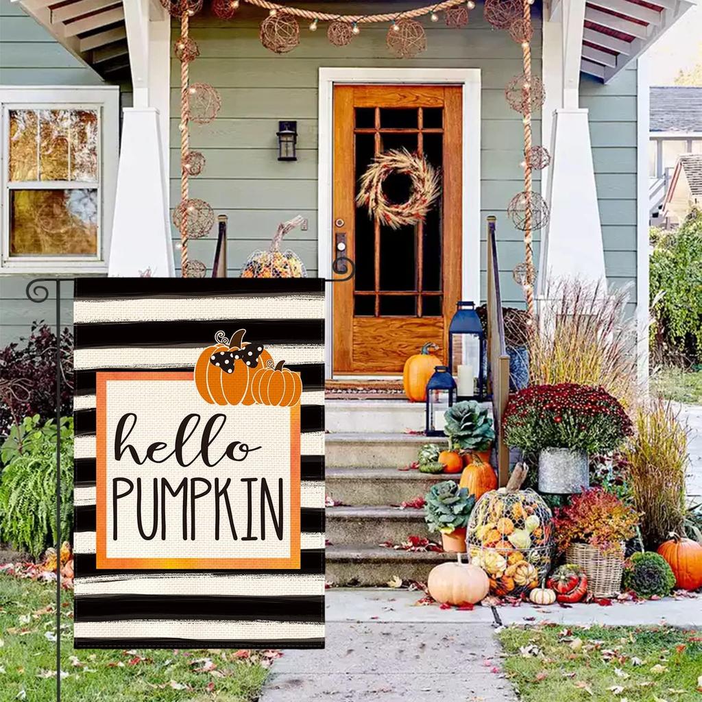 AVOIN colorlife Hello Pumpkin Fall Garden Flag 12 x 18 Inch Watercolor Stripes Double Sided, Autumn Seasonal Rustic Yard Outdoor Decoration