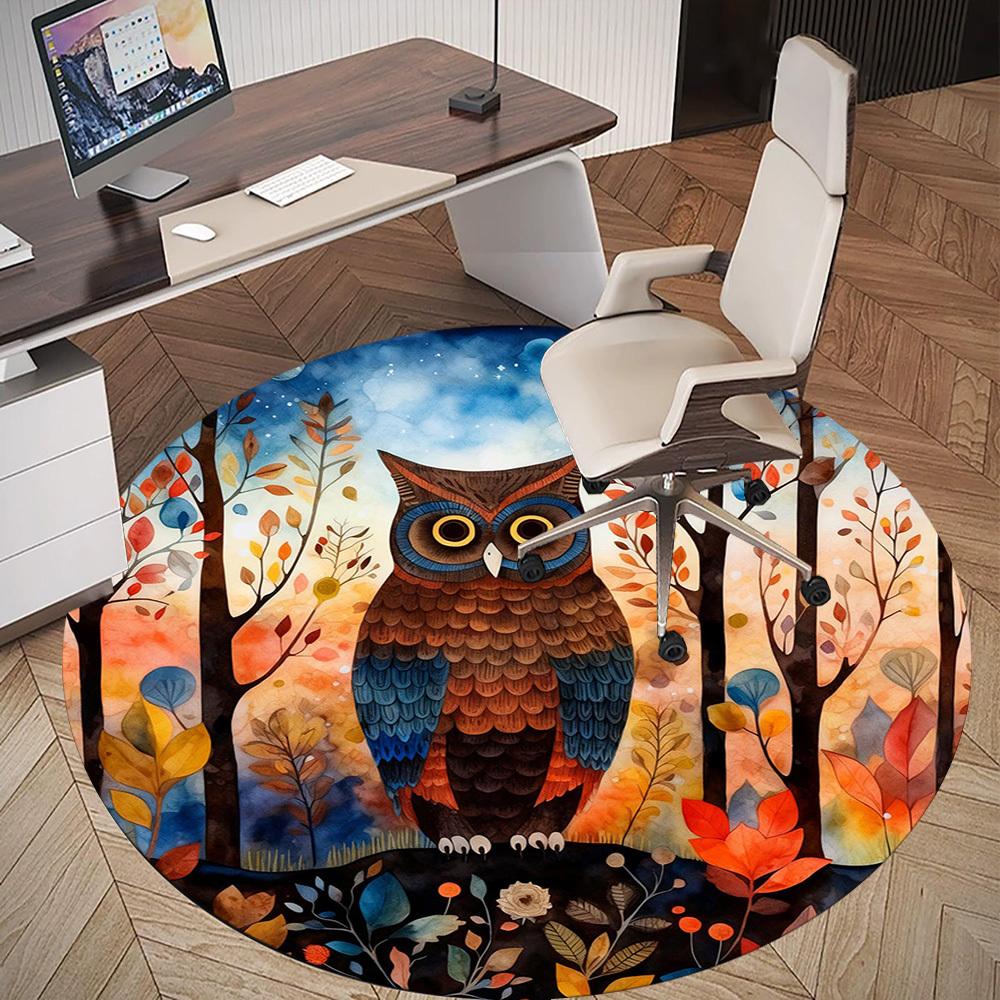 1pc Owl Forest Round Chair mat office Area Rug - Non-Slip, Floor Mat for Office, Bedroom, Ideal home decor gift p0105009