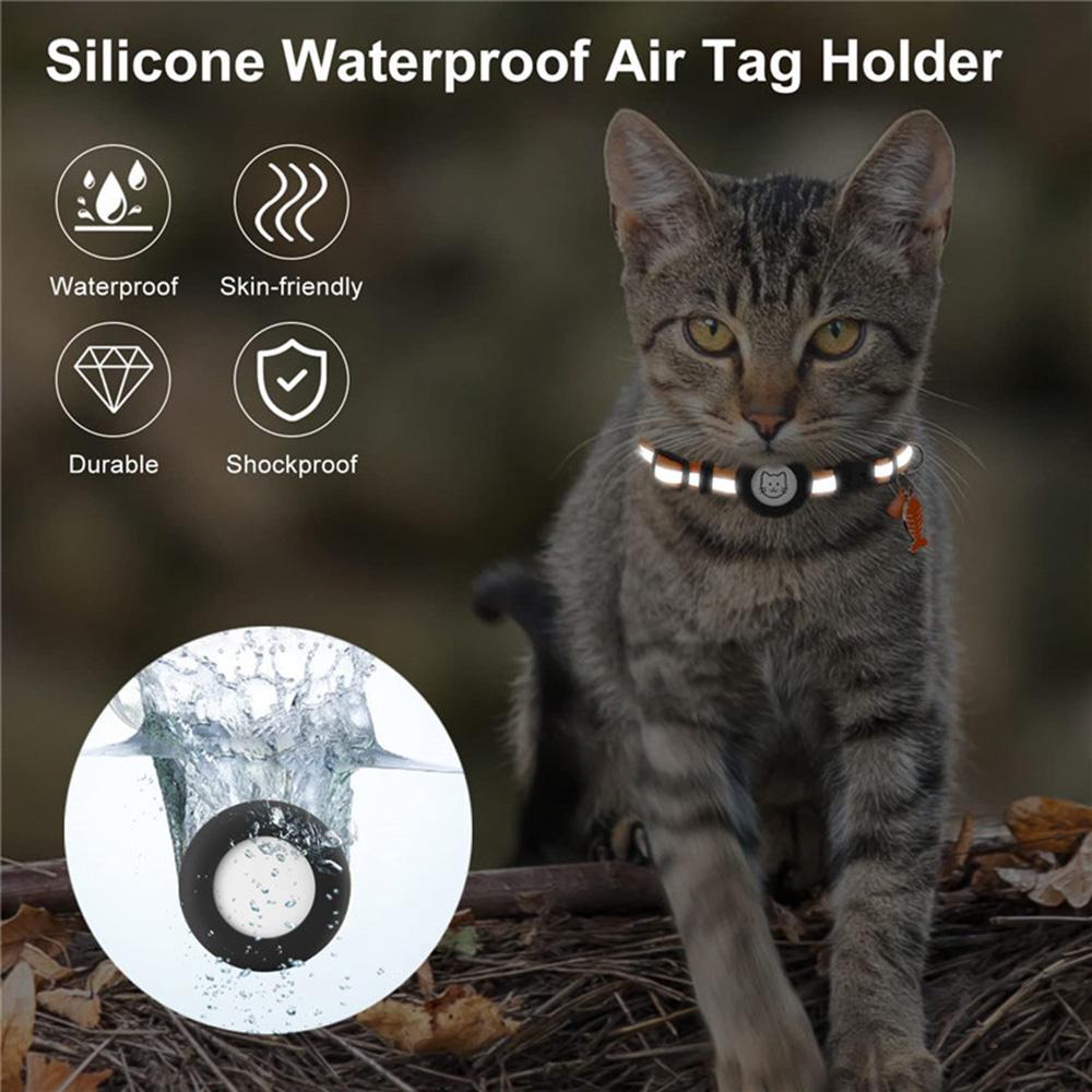 For AirTag Tracker Reflective Pet Collar Silicone Protective Case with Bell/ID Tag