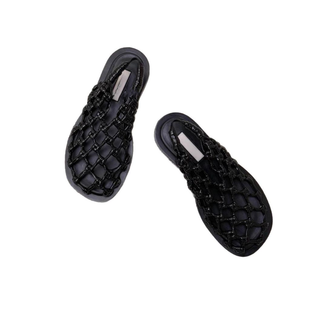 Cowhide version~ mesh hollow breathable sandals fishing net woven bag head back strap half slippers flat Roman sandals