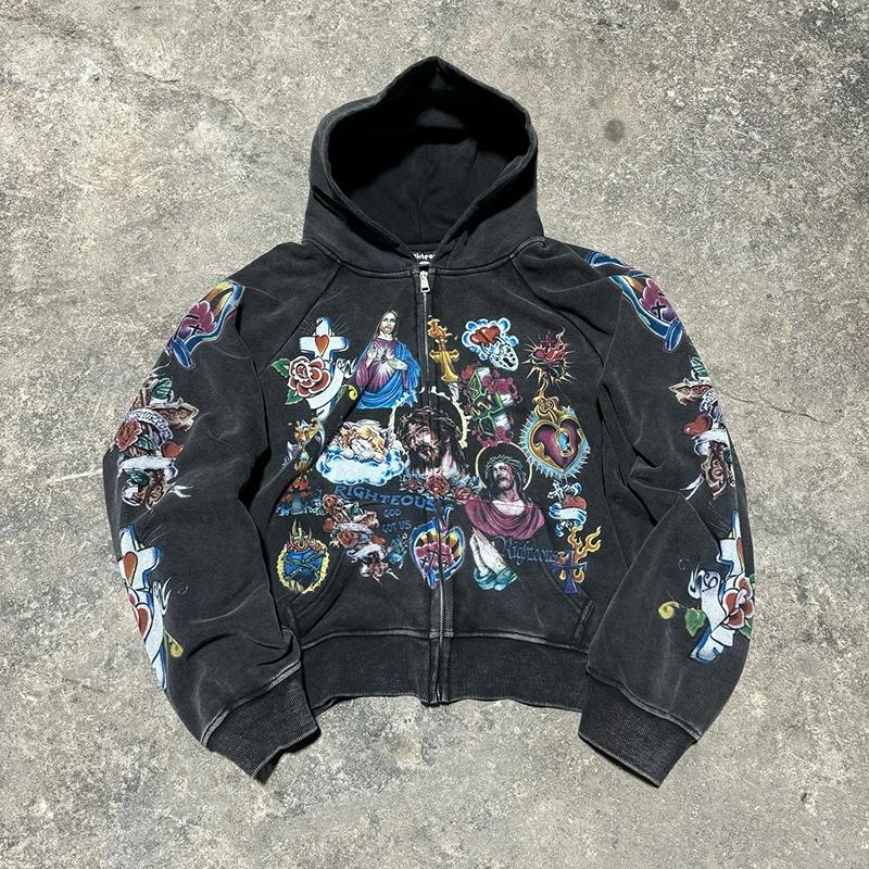 2025 American Retro Gothic Rock Letter 3D Printed Sweater Harajuku Style Hooded Loose Versatile Sweatshirt Jacket