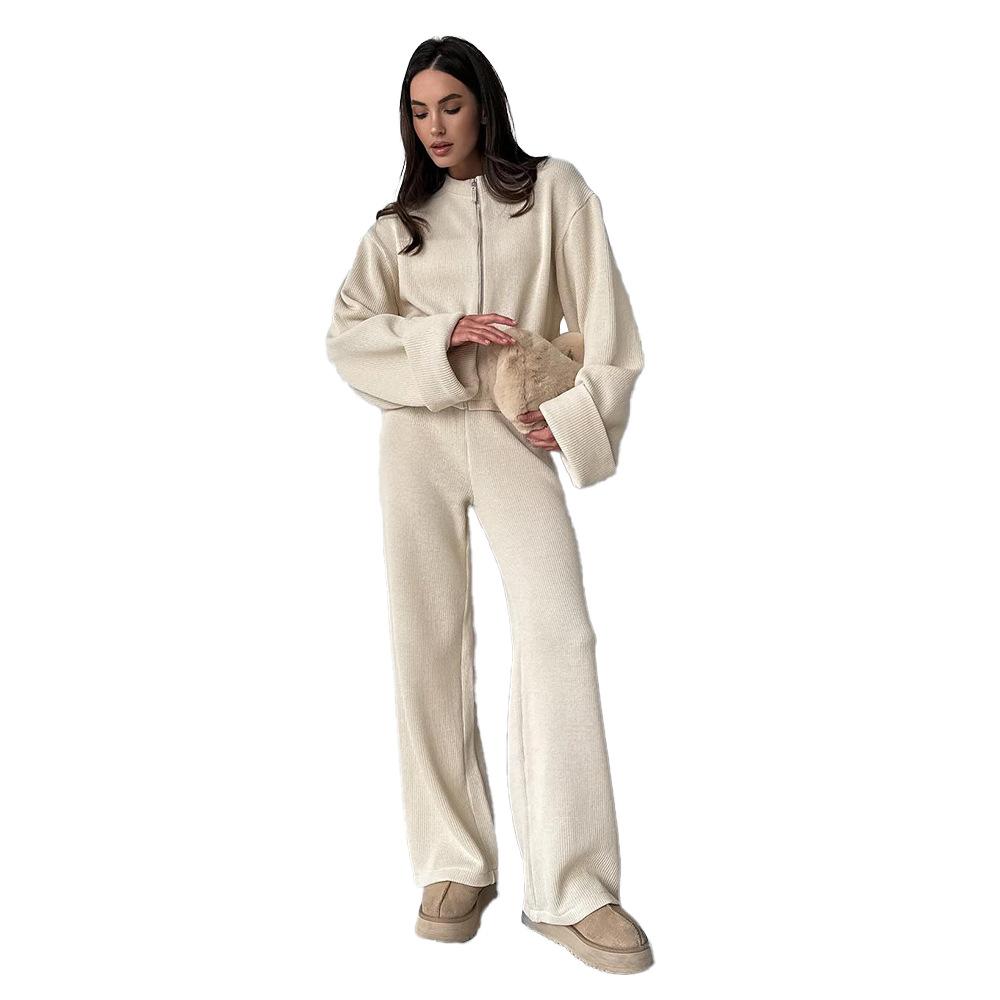 Knitted Long-sleeved Wide-leg Trousers Set, European, American Autumn and Winter New Zipper Jacket Trousers Casual Suit