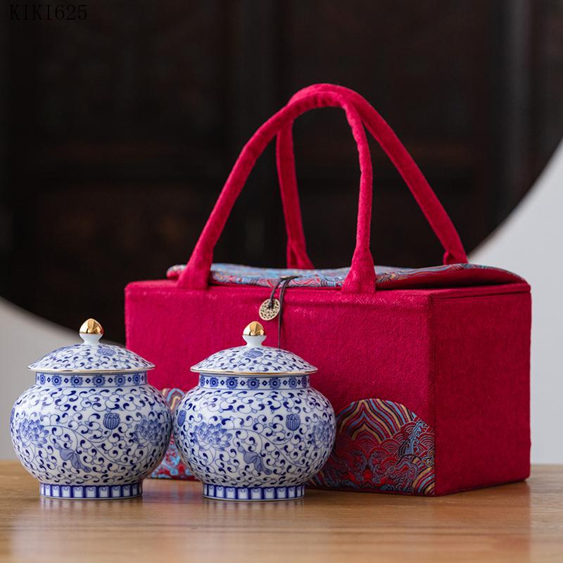 Antikk Blå og Hvit Porselen Oppbevaringskrukkelokk Gullbelagt Oppbevaringsbeholder Husholdning Stor Kapasitet Forseglet Keramisk Tebeholder