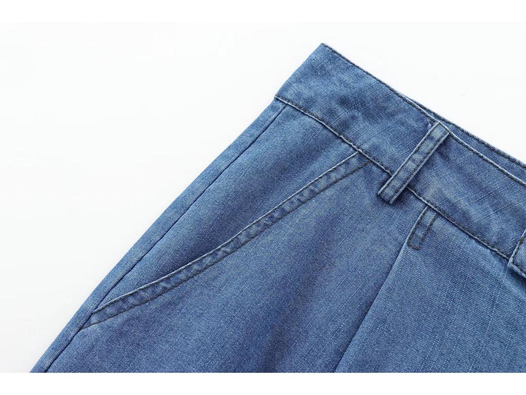 Women's Early Autumn Denim Set: Turn-Down Collar Tie-Waist Shirt & Draping Wide-Leg Pants