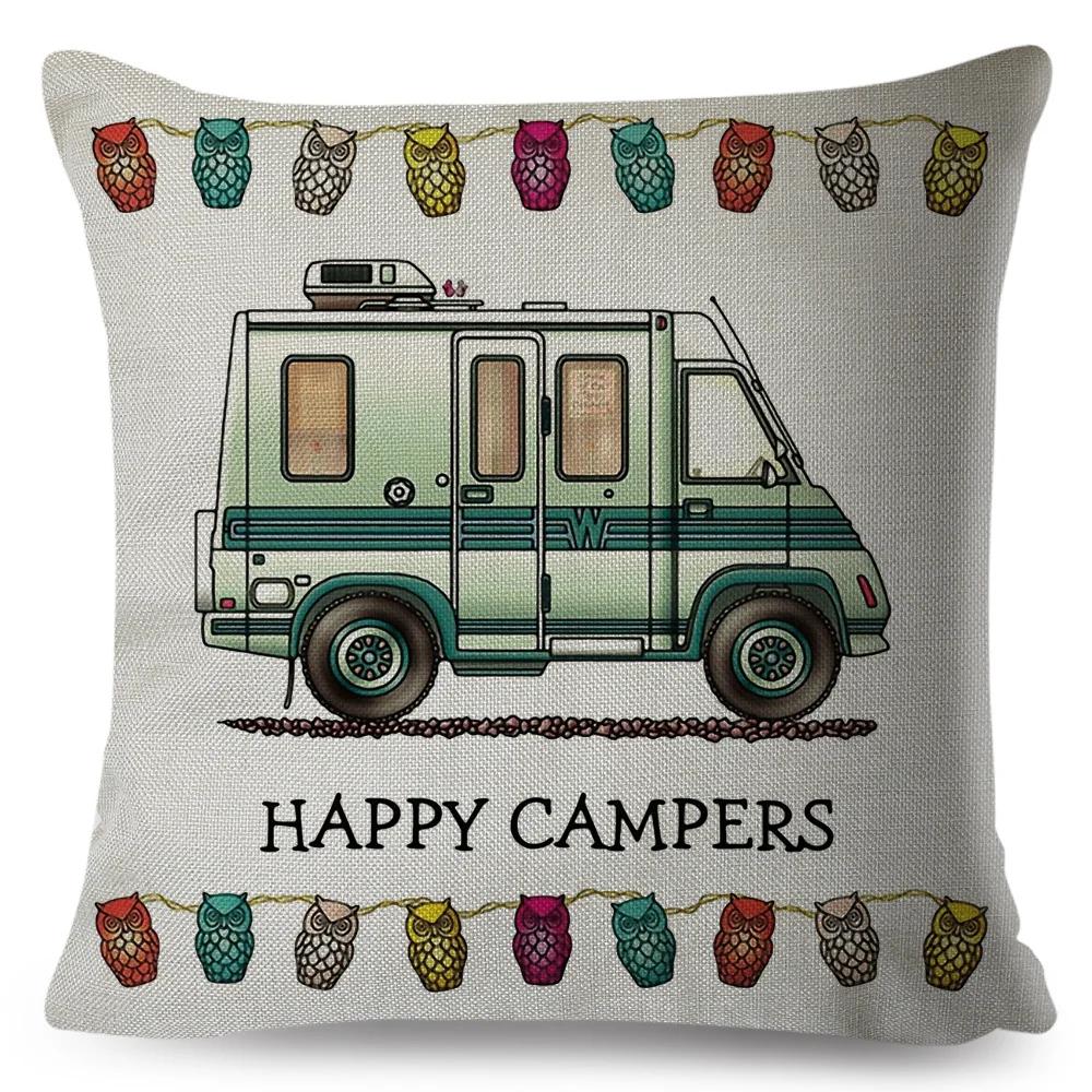 Happy Camper Pillowcase Decor Cartoon Travel Car Printed Pillow Case for Home Sofa Children Room Polyester Cushion Cover 45x45cm