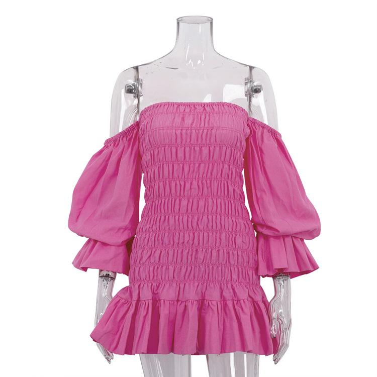 

women s off shoulder smocked puff sleeve ruffle hem bodycon mini dress strapless party short gown L рожевий