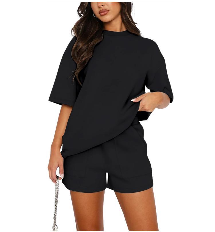 Fashion Summer Solid Casual Suit Elegant Casual O Neck Short Sleeve Short Pants Set Of 2 Pieces Holiday Womens Clothing