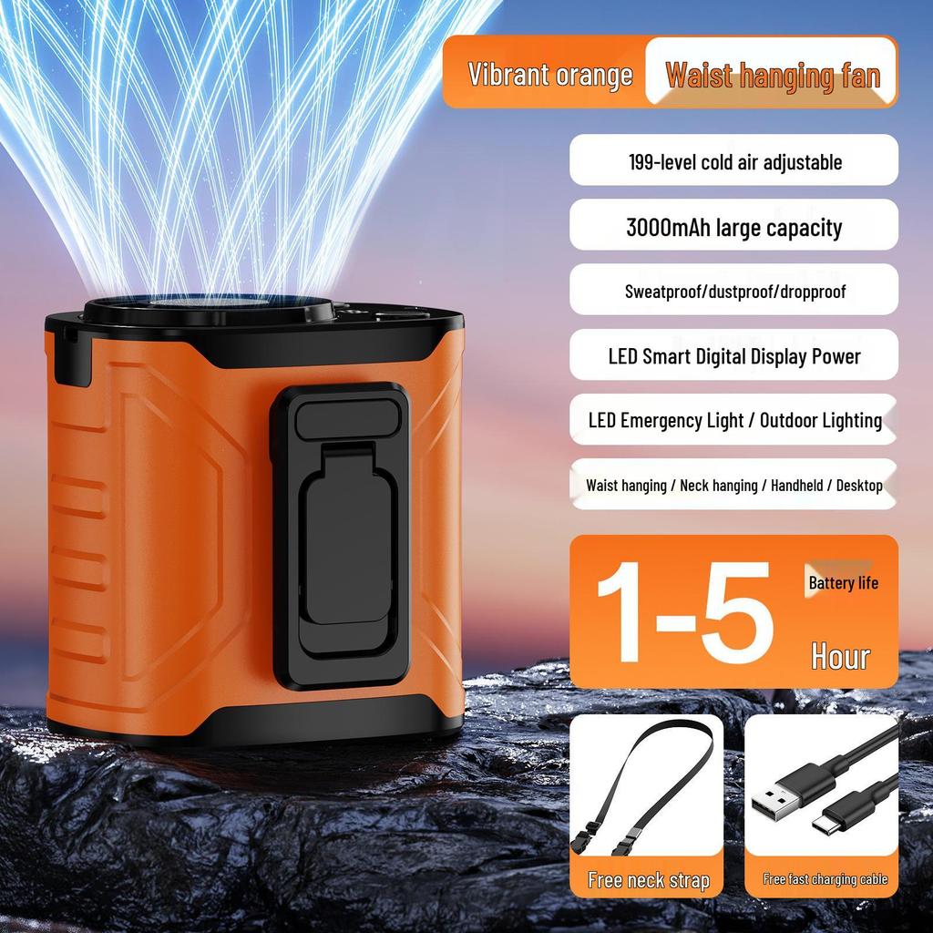 Portable USB Rechargeable Waist Fan: Clip-On & Hanging Neck Design for Camping & Construction
