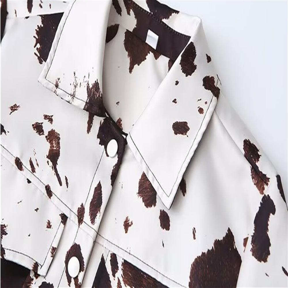 Cross-border European and American autumn women's clothing popular lapel print shirt long-sleeved short jacket
