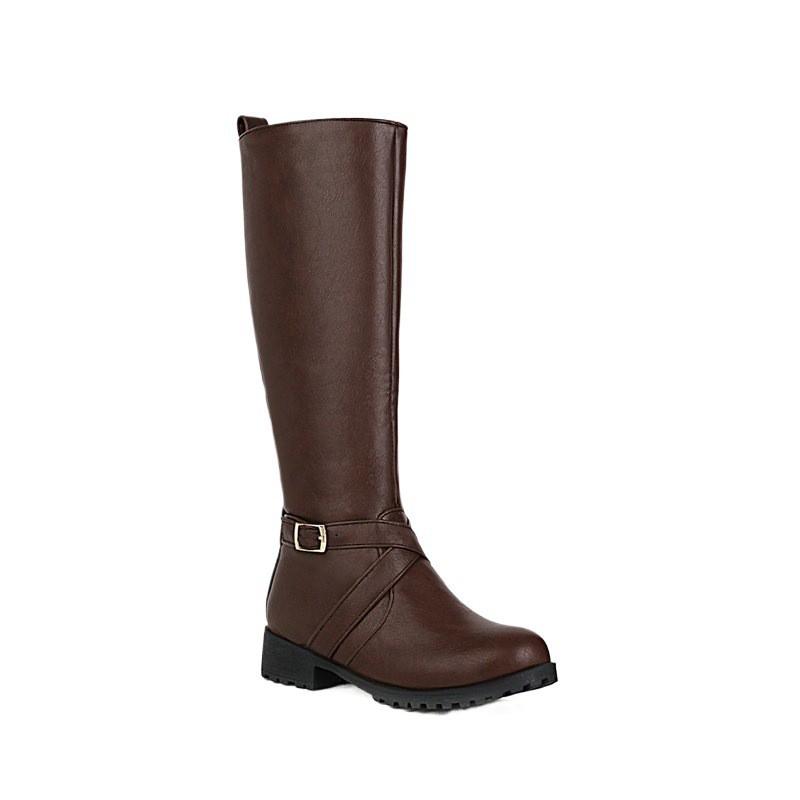 Womens Knee-High Boots With Side Zipper Chunky Heel PU Leather Black Brown Buckle Detail