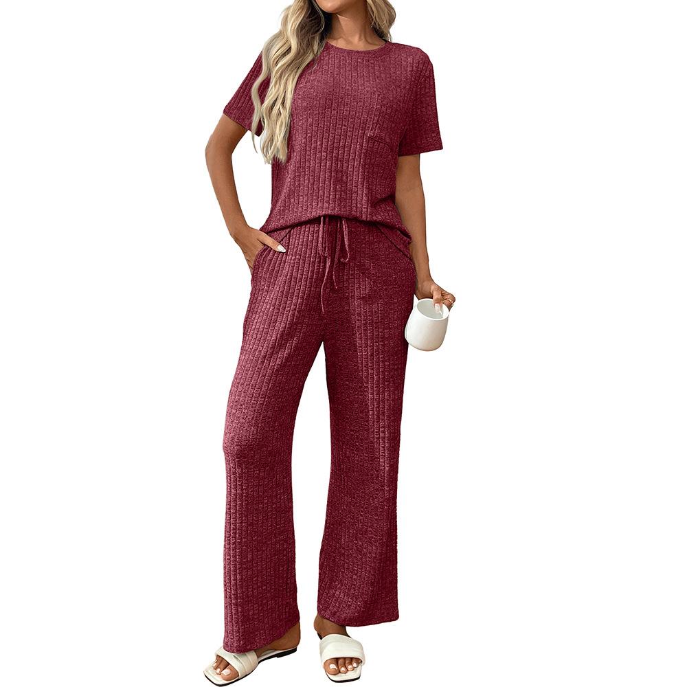 Solid Color Pit Stripe Nightgowns Round Neck Short Sleeve Pants Home Clothes Sets Women's Nightgowns & Sleepshirts