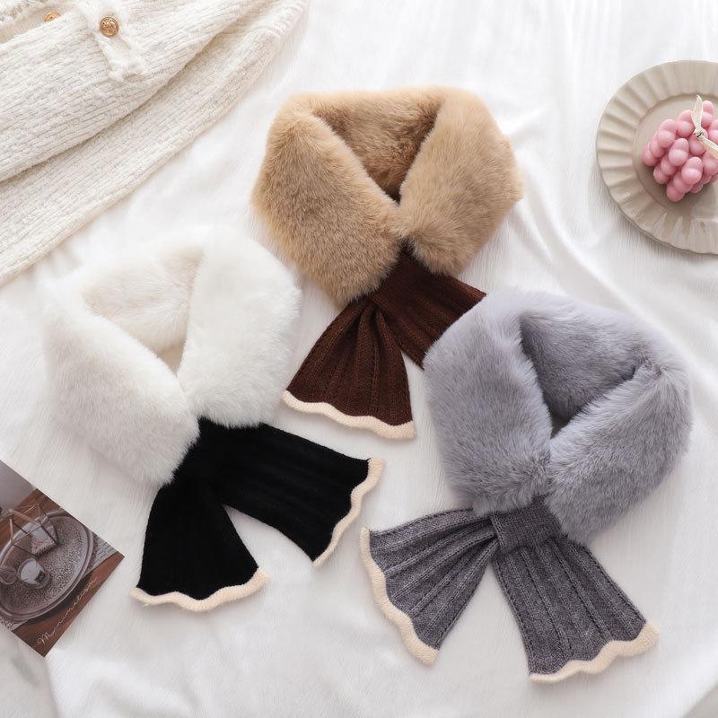 Knit Fishtail Plush Neck Warmer Women Autumn Winter Cross Faux Rabbit Fur Cute Versatile Student Premium Scarf