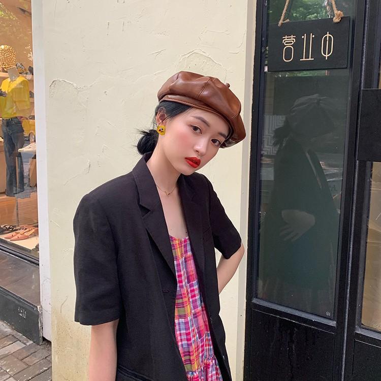Hat Women's Fashion Retro Hong Kong Style Beret Autumn and Winter Korean Version Pu Leather British Painter Hat Versatile Literary
