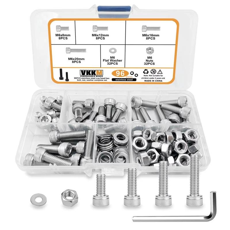 

96Pcs M6 Hexagon Head Screw And Nut Set, M6 X 8/12/16/20mm Stainless Steel Screw Set, Cup Head Screw With Allen Wrench