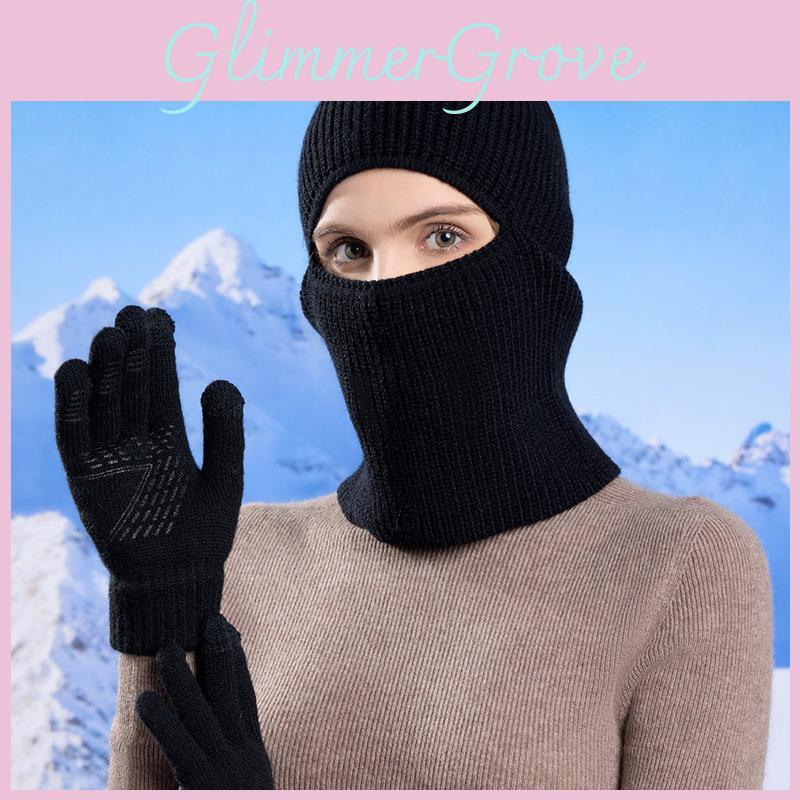 Hat Women Knitted Gloves Set With Face Mask And Windproof Neck Cover For Outdoor