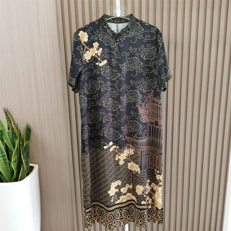 Women's Skirt Waist-Tight Belly-Covering Improved Cheongsam Dress Women's Paint Flower Summer Fashion New Hangzhou Silk