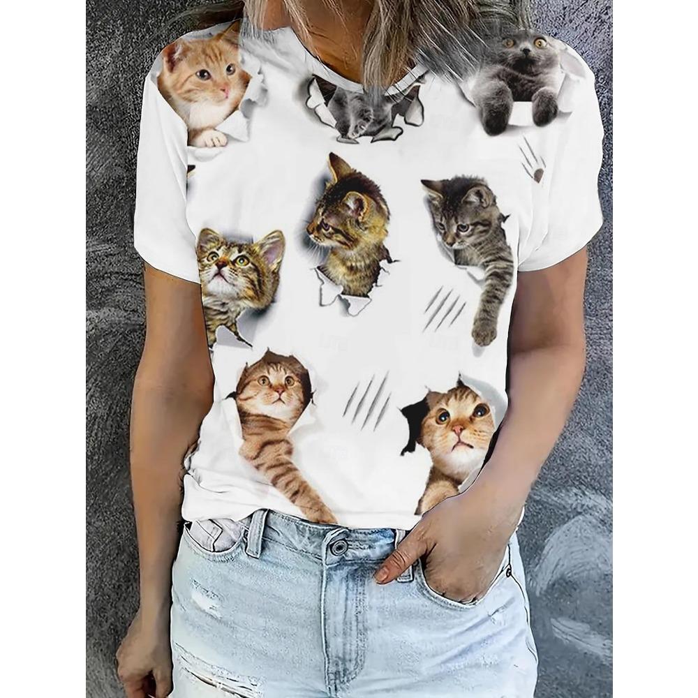 

Милая футболка с 3D-принтом с кошачьим узором, женский летний топ с коротким рукавом и круглым вырезом, уличный свободный XXS