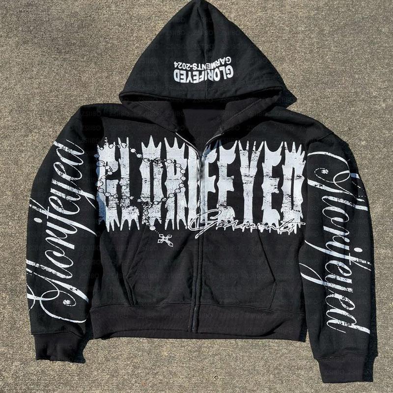 Y2K Letter Pattern Zipper Print Autumn Long Sleeved Retro Street Hoodie