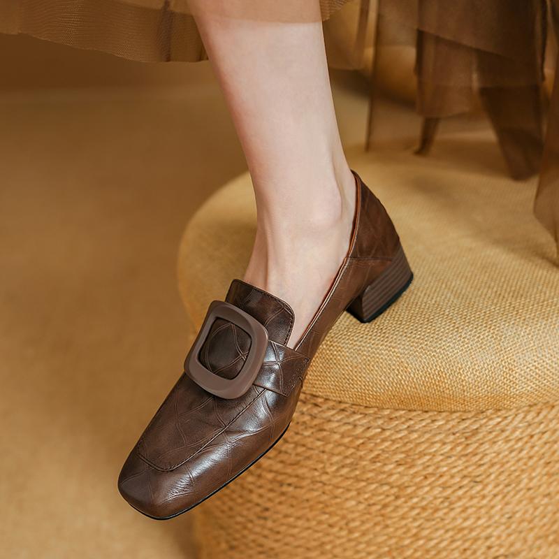 Fashion 2025 New Size 34-40 Women Casual Loafers Real Leather Soft Square Toe High Heels Shoes Spring Office Lady Daily Pumps Shoes